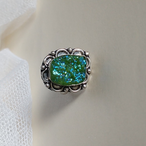 925 Silver Green/Aqua Druzzy Ring! - Picture 6 of 6